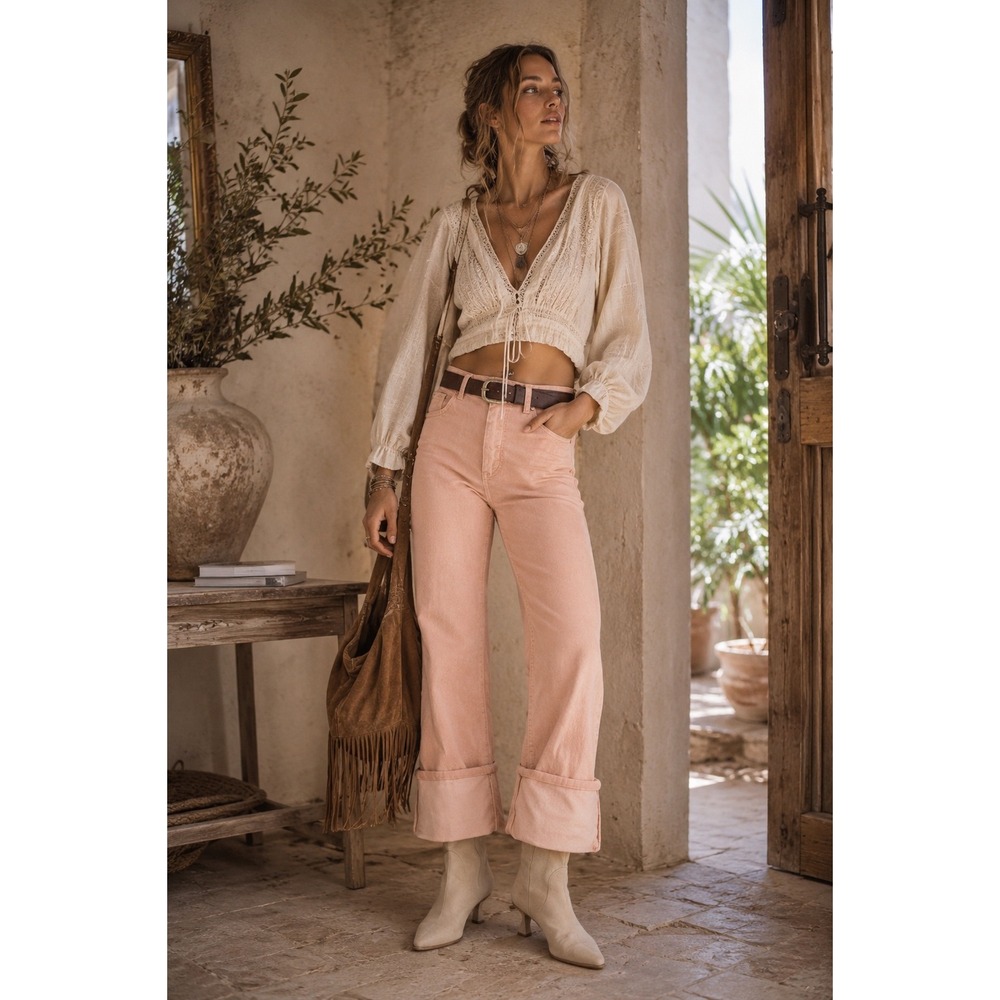 Pilcro‎ Anthropologie High Rise Corduroy Straight Leg Pants Pink 32 Wide Cuff